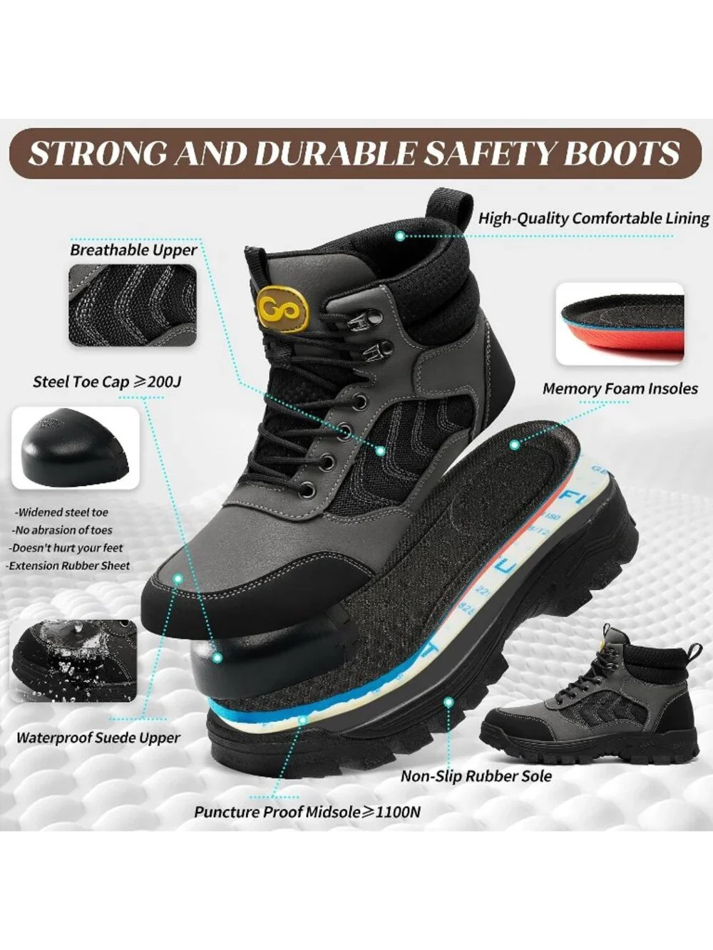 Men's Grey Waterproof Shoes Solid High Top Steel Toe Non Slip Hiking Boots